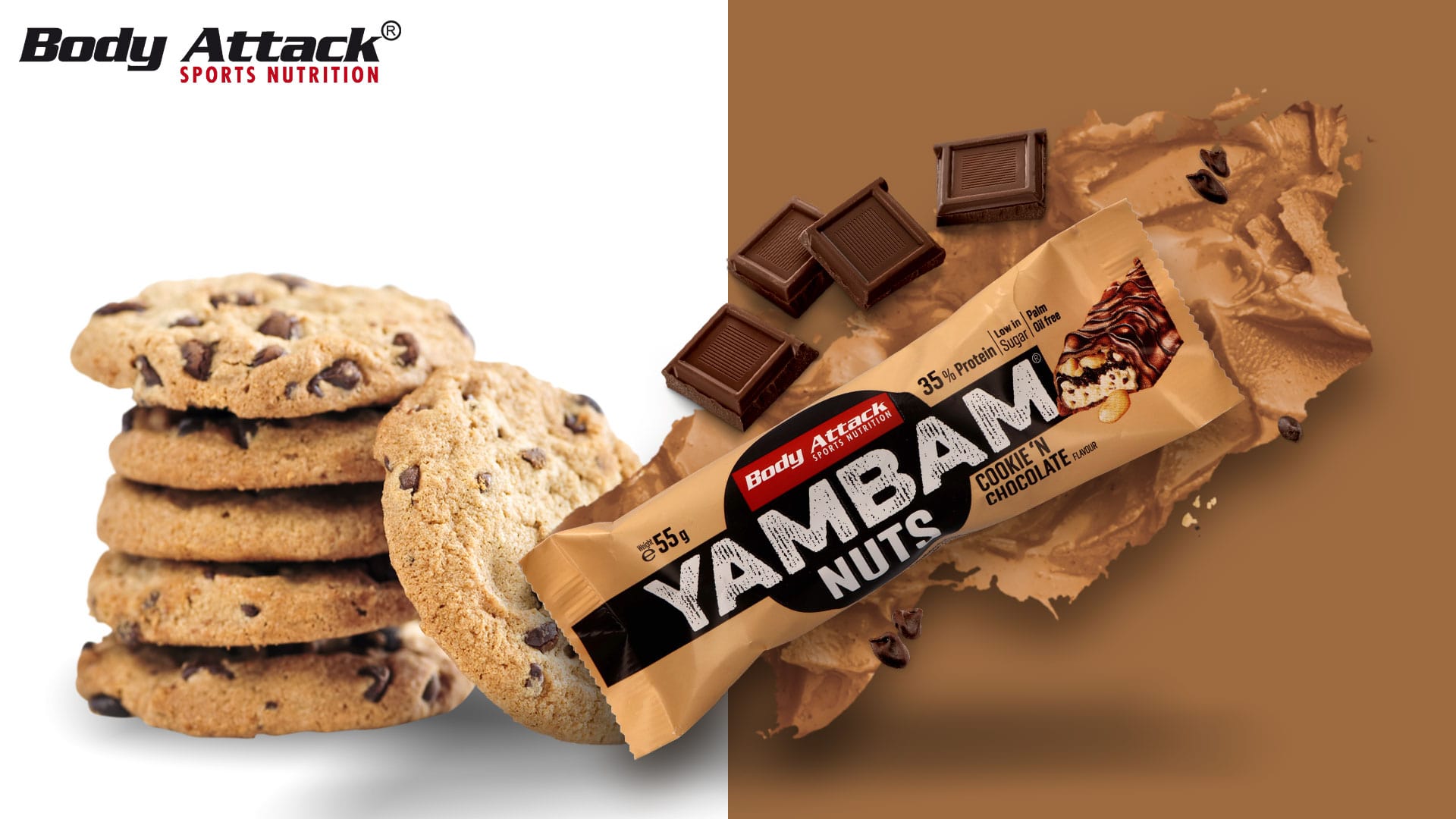 BODY ATTACK Yambam Crunchy - 55g protein bar Cookie'N Chocolate