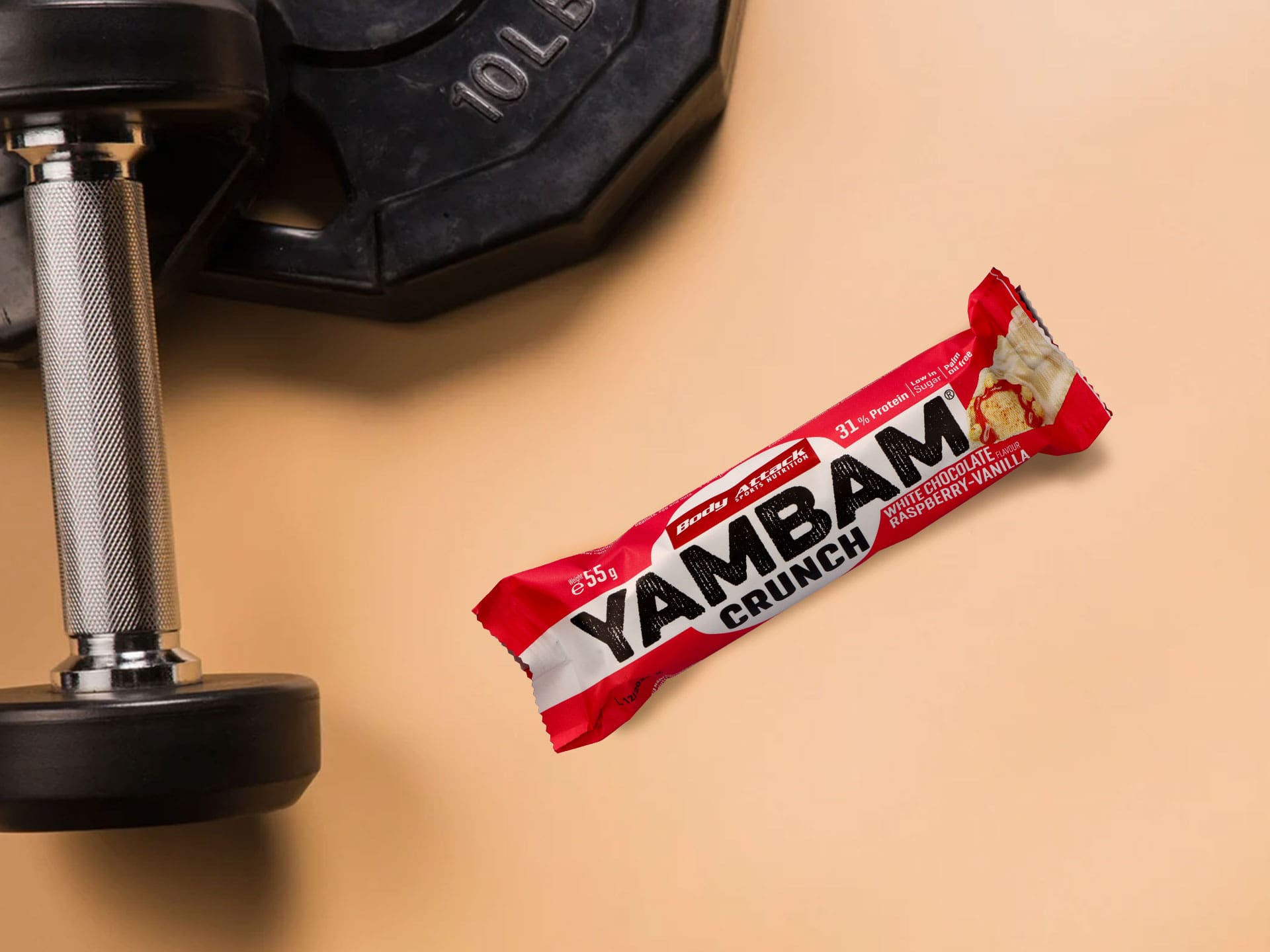 BODY ATTACK Yambam Crunchy - 55g low sugar protein bar raspberry white chocolate