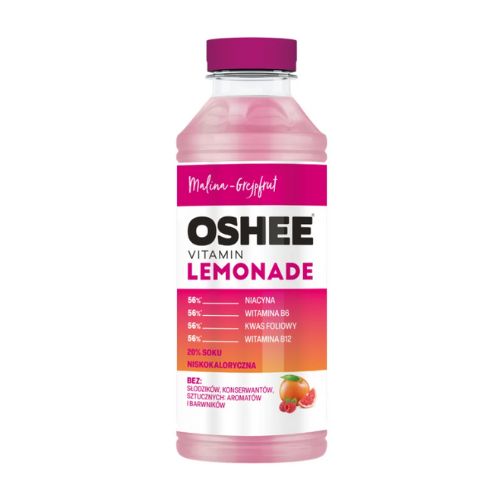 Bouteille OSHEE Vitamin Lemonade 555ml avec une boisson rafraîchissante aux agrumes, des gouttes d'eau à la surface et des fruits frais autour