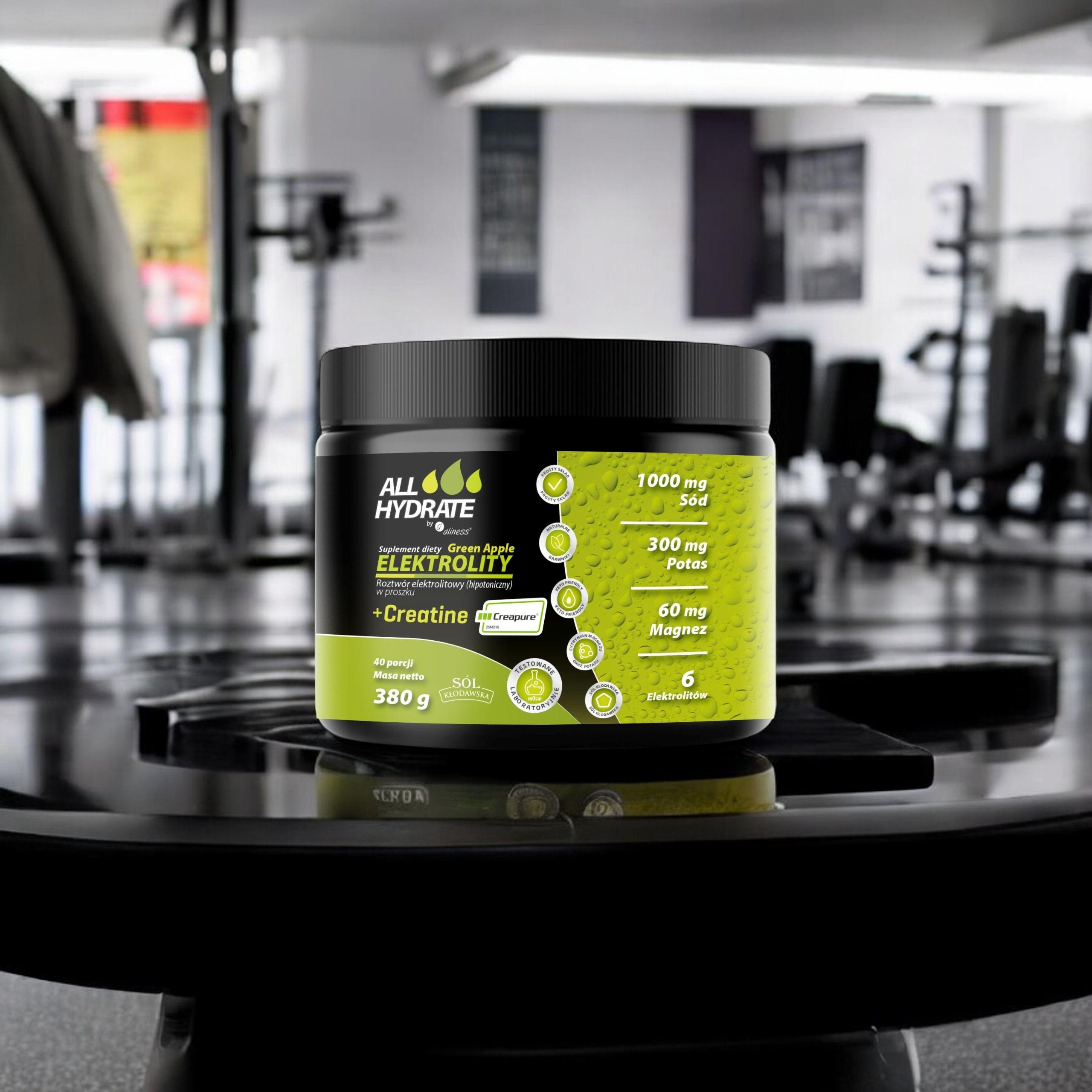 ALINESS - All Hydrate Elektolity+Creatine Creapure - 380g - Pomme Verte