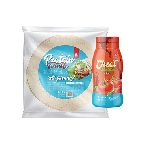 Zestaw Cheat Meal Nutrition Sauce 0% (Sauce zéro calorie) - 500ml - Ketchup piquant aux herbes + Protein Tortilla - 240g (6x 40g)