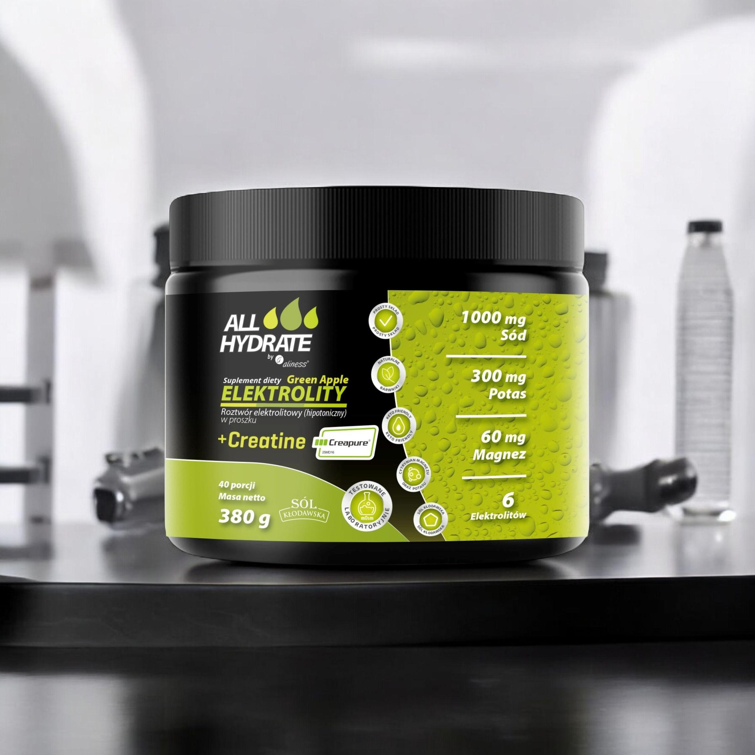 ALINESS - All Hydrate Elektolity+Creatine Creapure - 380g - Pomme Verte