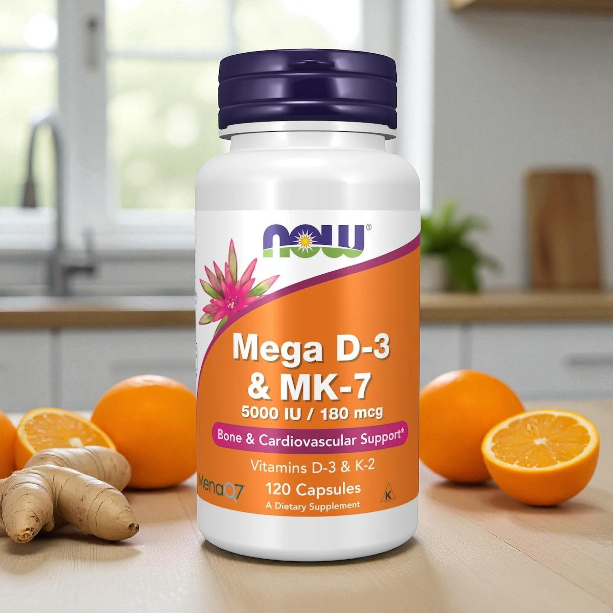 NOW - Mega D3 5000UI & K2 MK-7 180mcg - 120 gélules végétales.