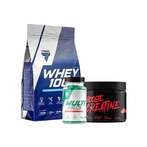 Protéine TREC 100% Whey Chocolate 900g + Créatine TREC Creatine Bubble Gum 300g + Vitamines TREC Multi Pack 60 gélules