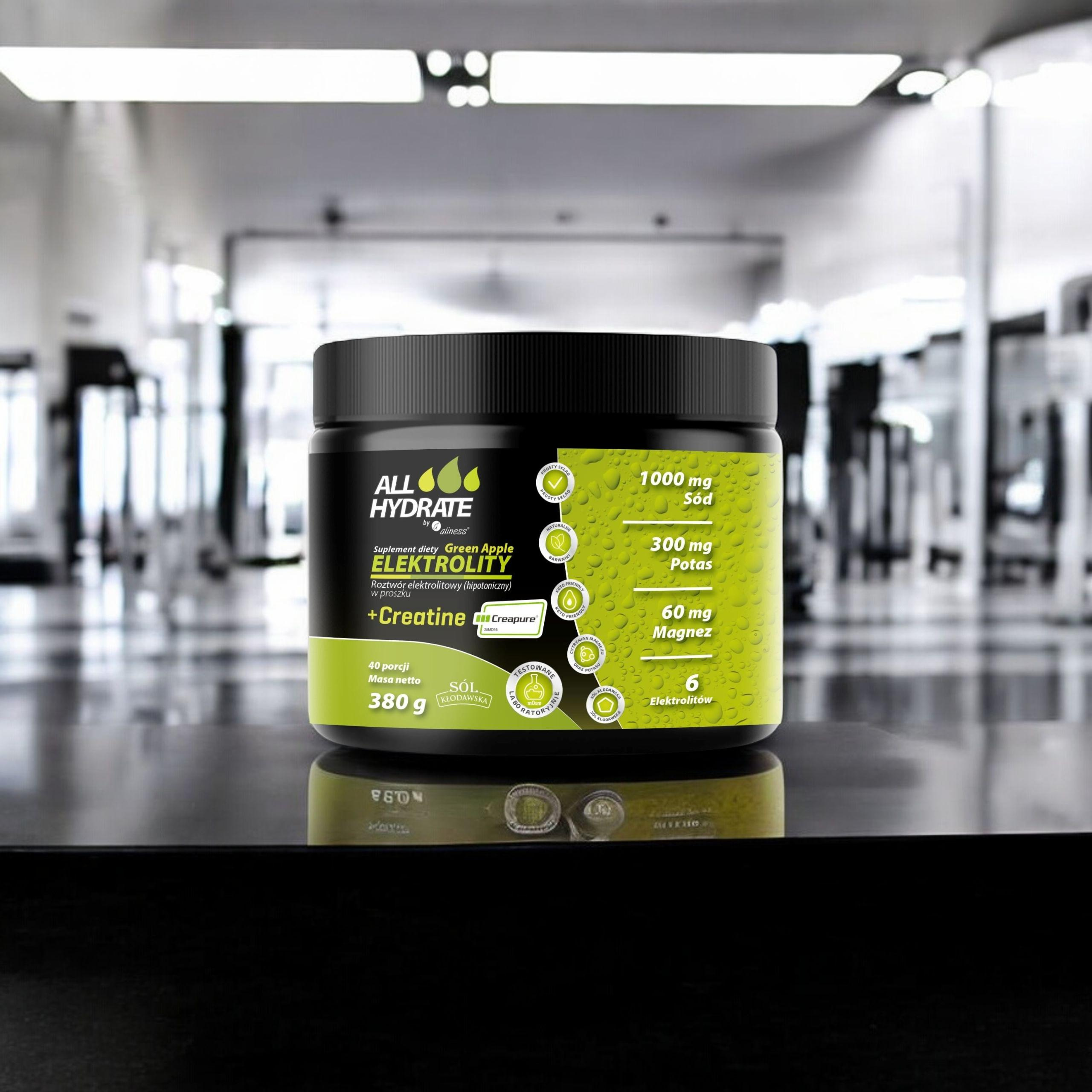 ALINESS - All Hydrate Elektolity+Creatine Creapure - 380g - Pomme Verte