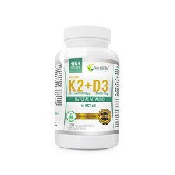 WISH Pharmaceutical Vitamin K2 Mk-7 100mcg + D3 50mcg dans de l'huile MCT - 120caps